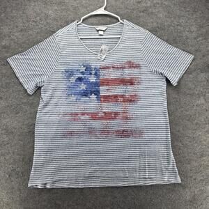 CJ Banks T-Shirt Womens 1X Blue Striped Scoop Neck Short Sleeve Glitter USA Flag